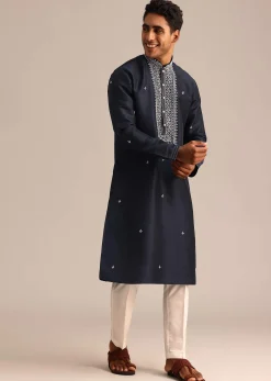 Navy Blue Silk Kurta Set With Resham Embroidered Work