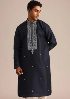 Navy Blue Silk Kurta Set With Resham Embroidered Work
