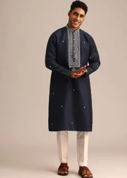 Navy Blue Silk Kurta Set With Resham Embroidered Work