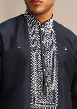 Navy Blue Silk Kurta Set With Resham Embroidered Work