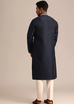 Navy Blue Silk Kurta Set With Resham Embroidered Work