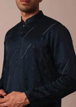 Navy Blue Silk Kurta Set With Hand Work