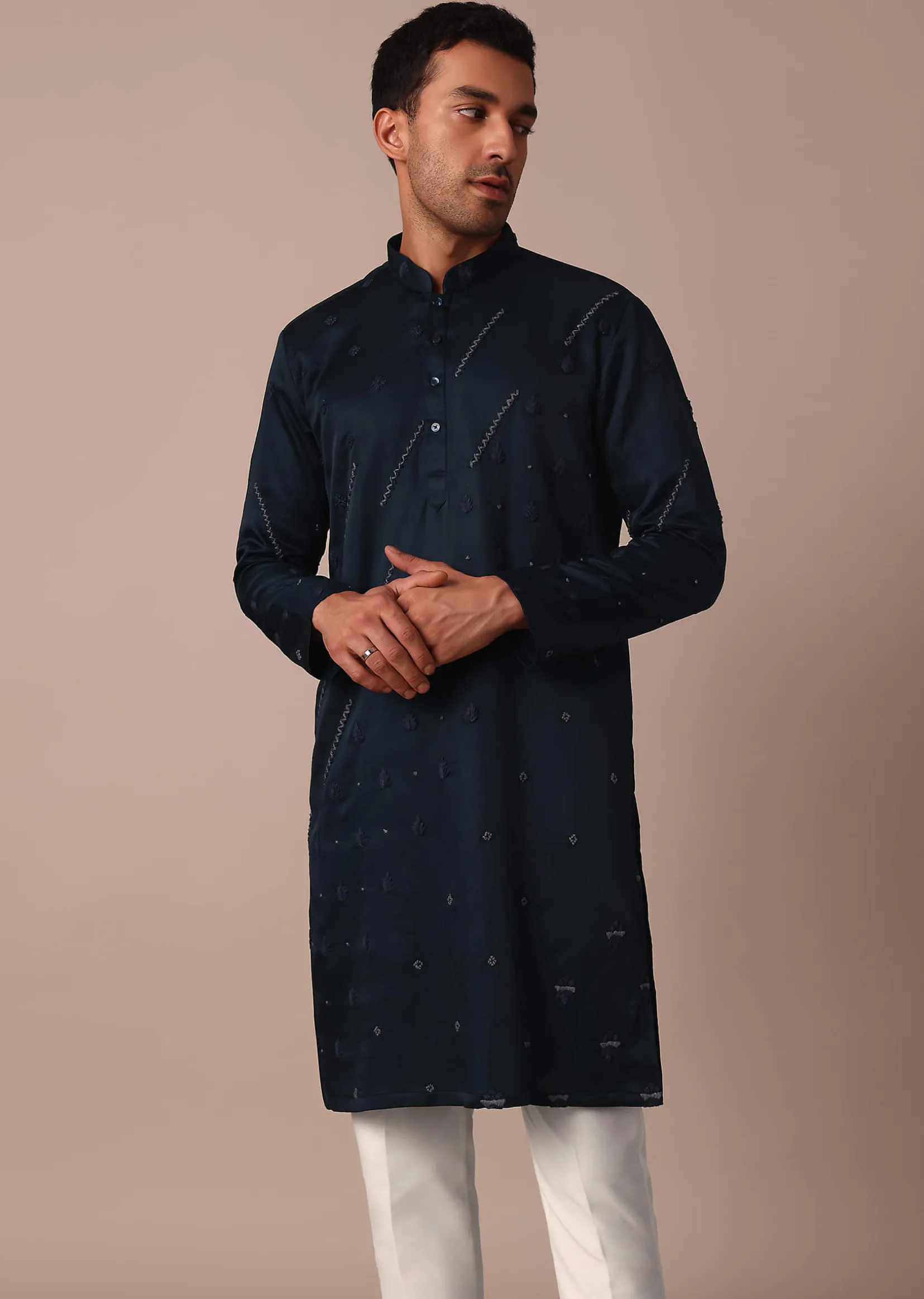 Navy Blue Silk Kurta Set With Hand Work