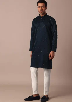 Navy Blue Silk Kurta Set With Hand Work