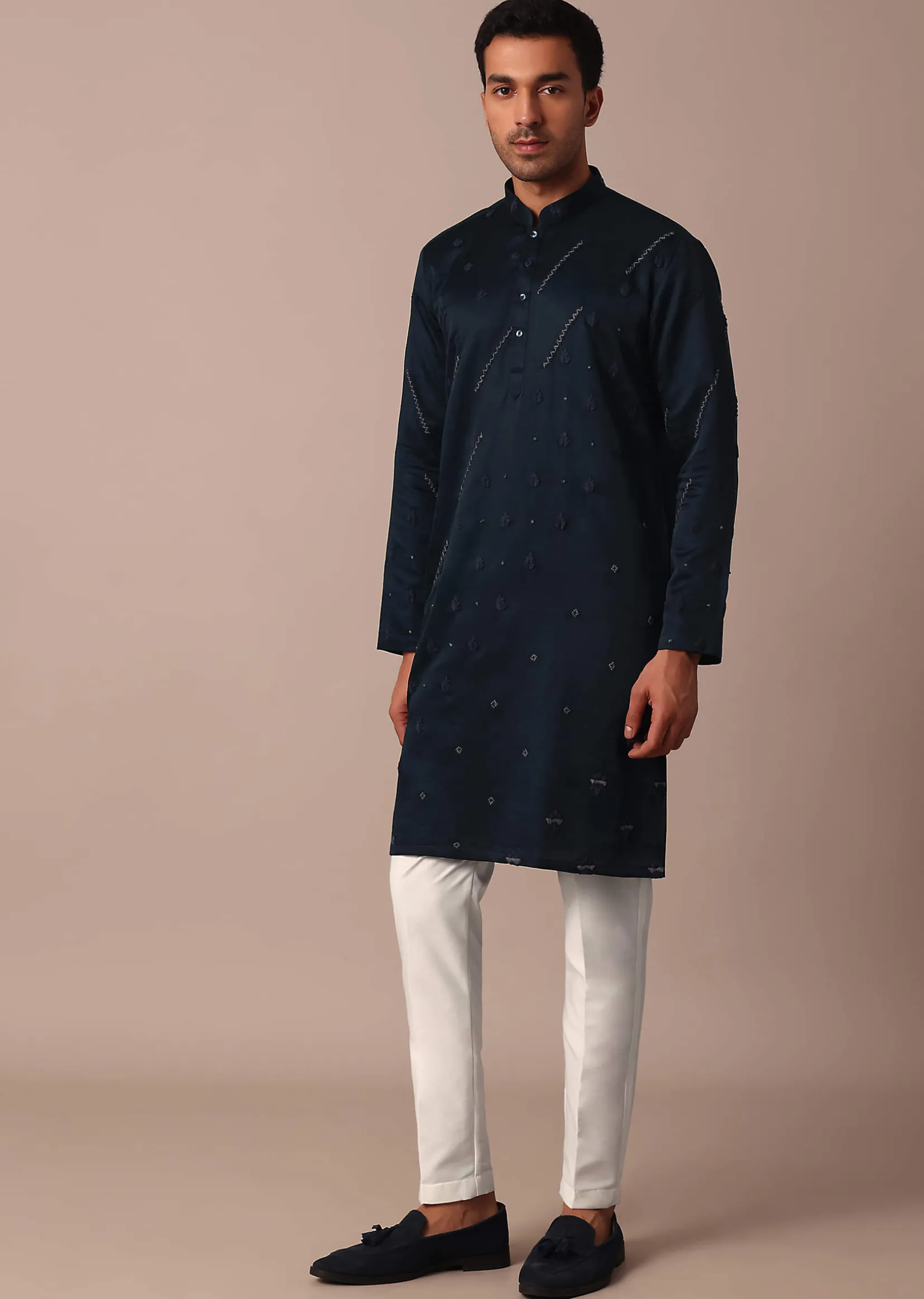Navy Blue Silk Kurta Set With Hand Work