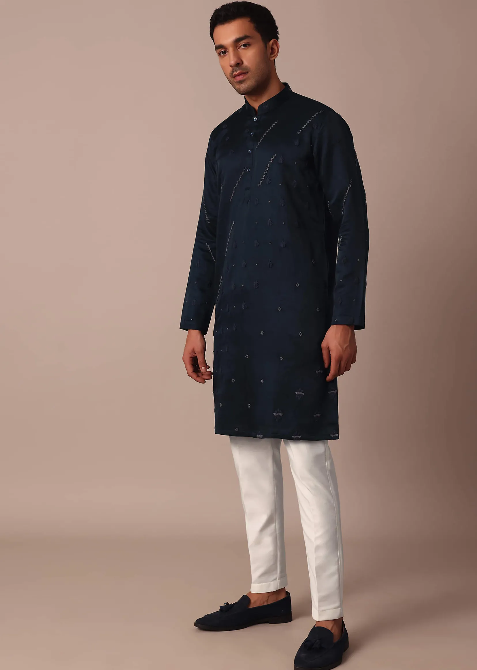 Navy Blue Silk Kurta Set With Hand Work