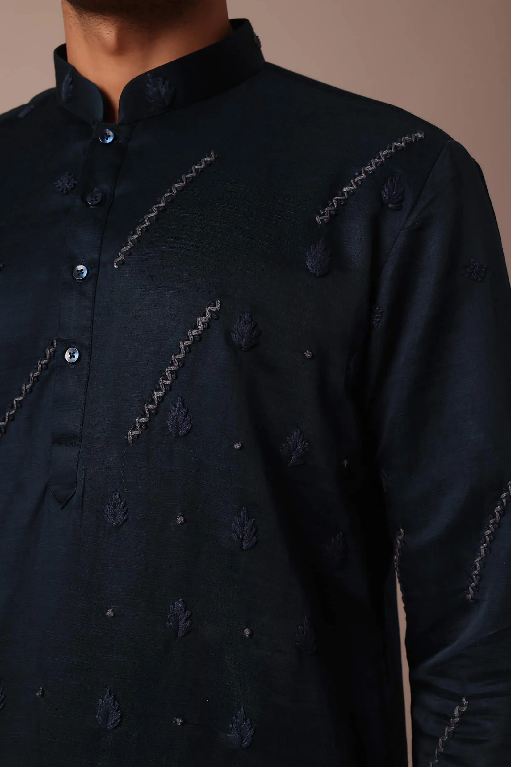 Navy Blue Silk Kurta Set With Hand Work