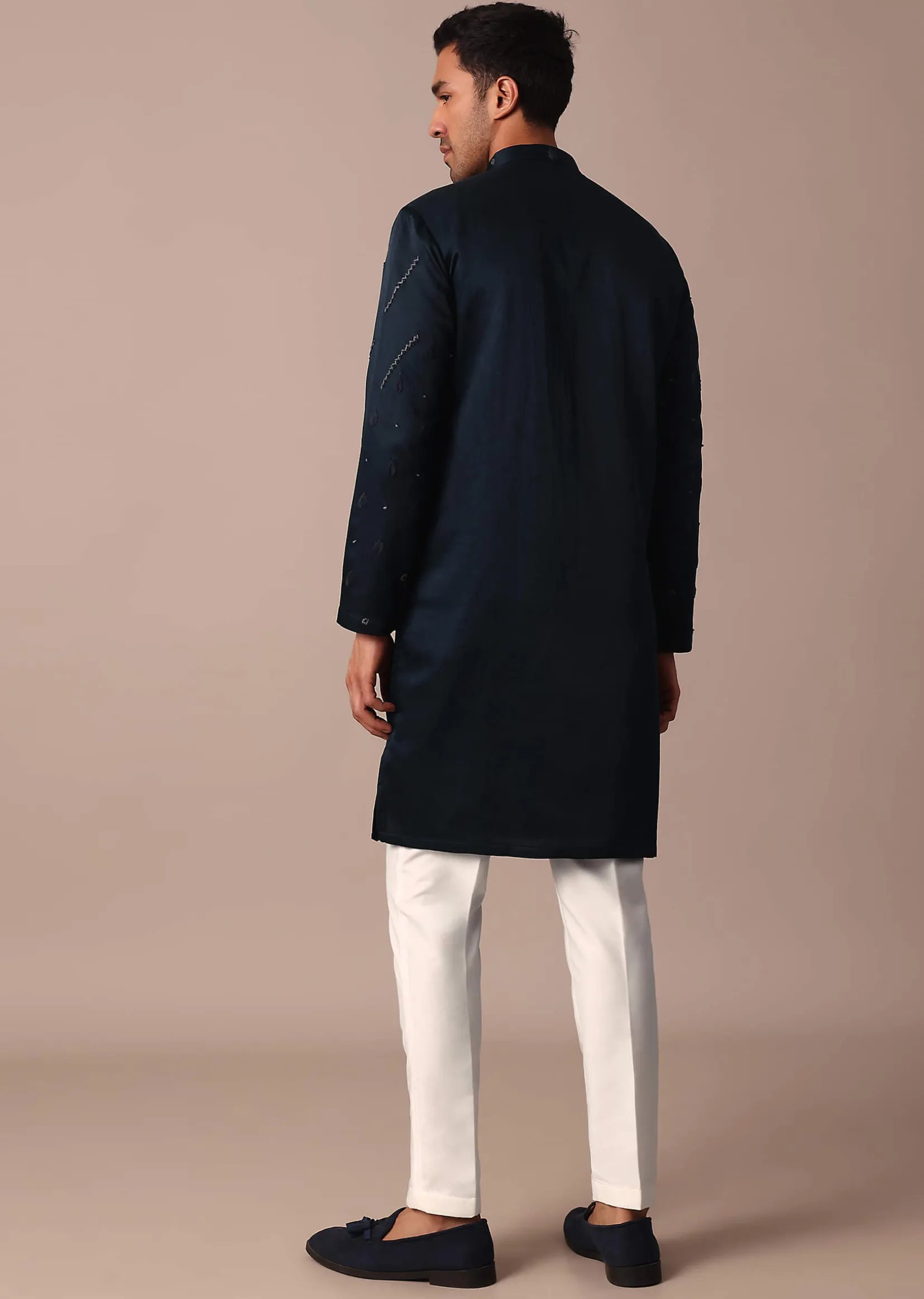 Navy Blue Silk Kurta Set With Hand Work
