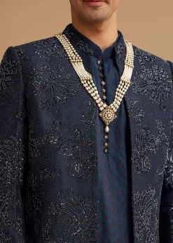 Navy Blue Silk Open Sherwani With Zardosi Embroidery