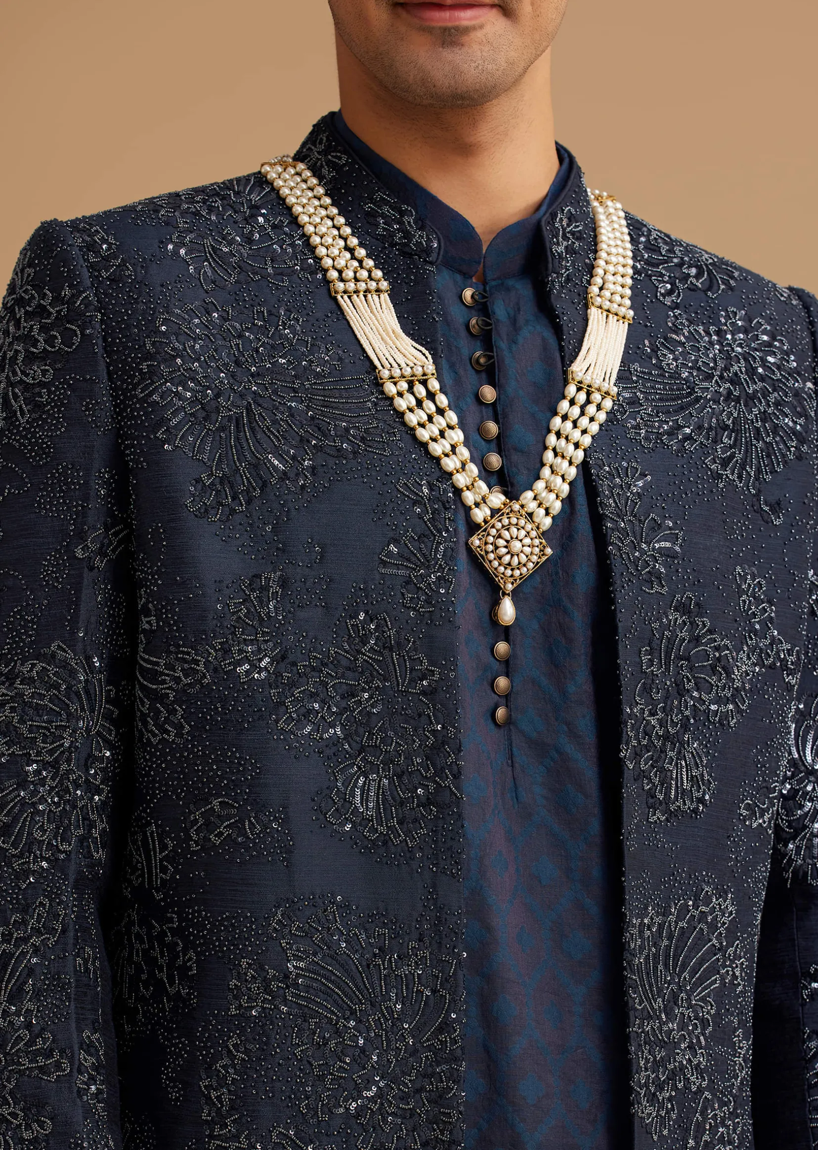 Navy Blue Silk Open Sherwani With Zardosi Embroidery