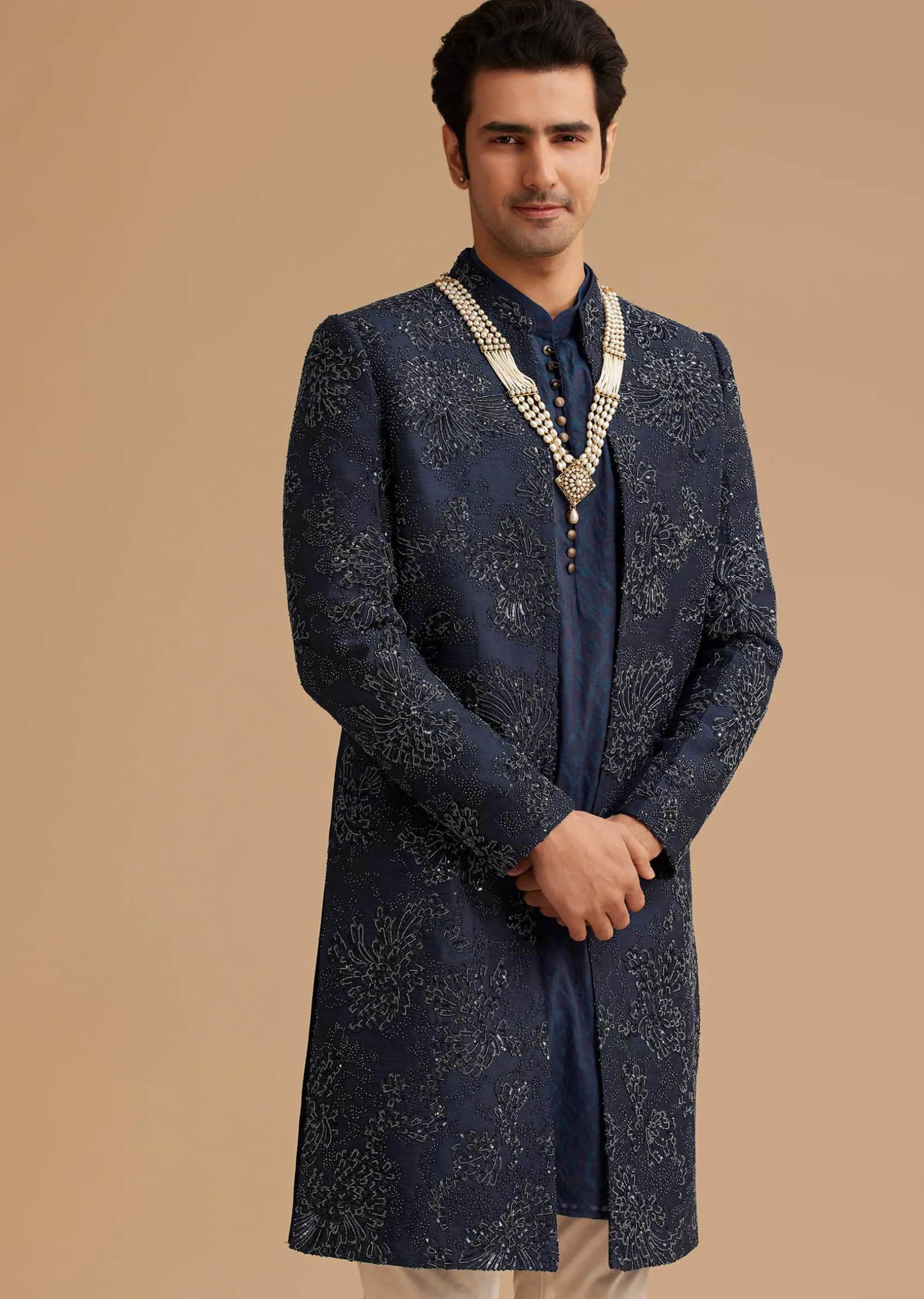 Navy Blue Silk Open Sherwani With Zardosi Embroidery