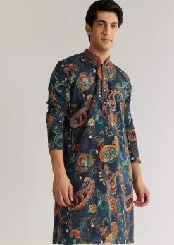 Navy Blue Silk Resham Embroidered Kurta Set With Paisley Prints