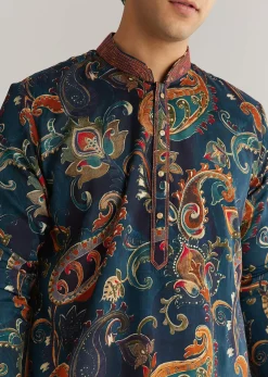 Navy Blue Silk Resham Embroidered Kurta Set With Paisley Prints