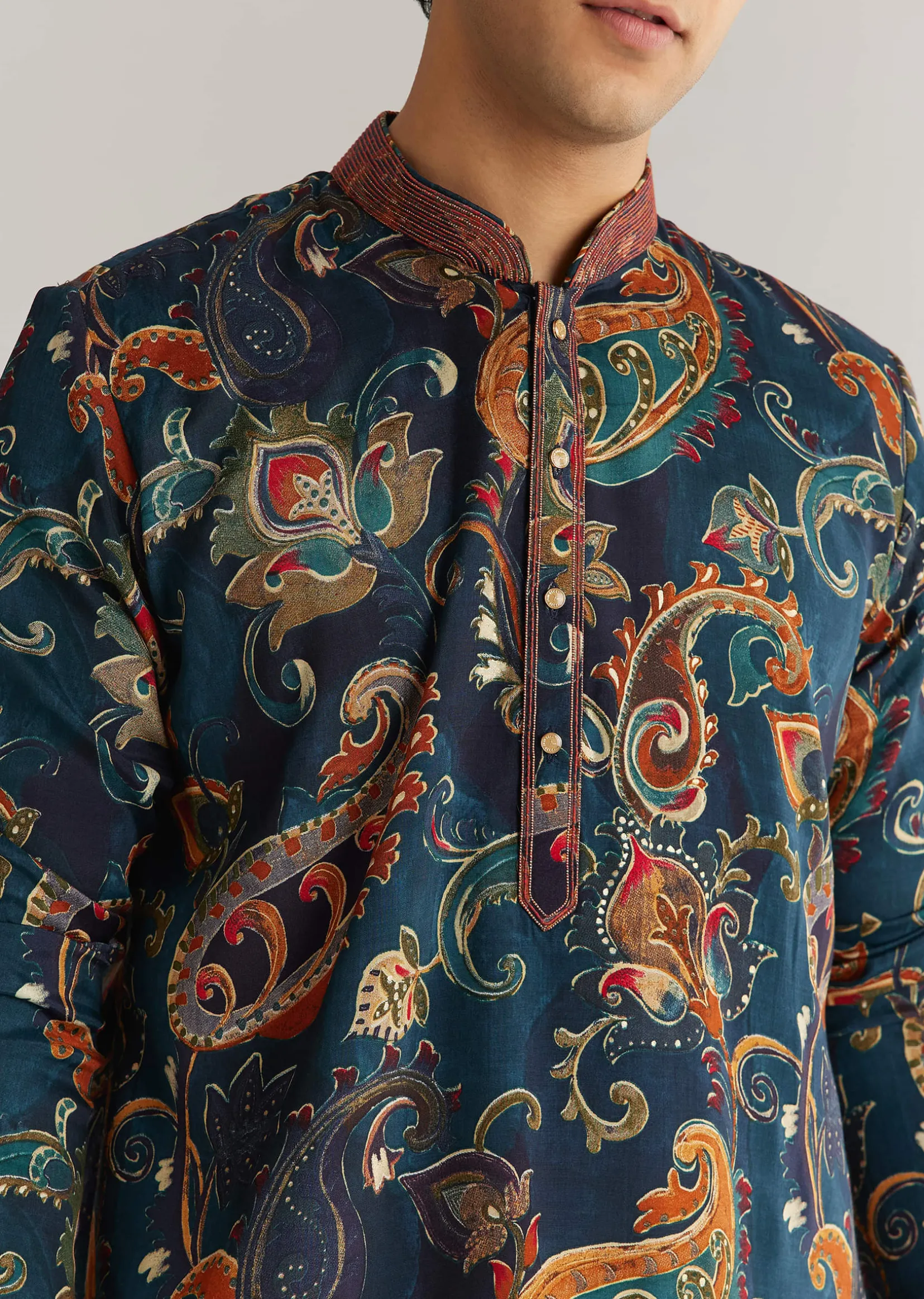 Navy Blue Silk Resham Embroidered Kurta Set With Paisley Prints