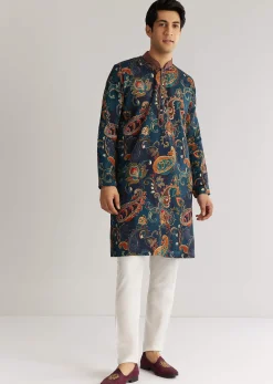 Navy Blue Silk Resham Embroidered Kurta Set With Paisley Prints