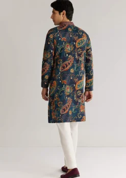 Navy Blue Silk Resham Embroidered Kurta Set With Paisley Prints