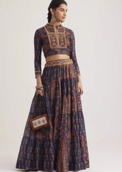 Navy Blue Silk Skirt Set With Orange Indie Prints