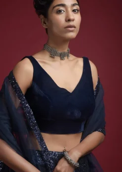 Navy blue Sleeveless Blouse With Leaf Shaped Neckline Online - Kalki Fashion