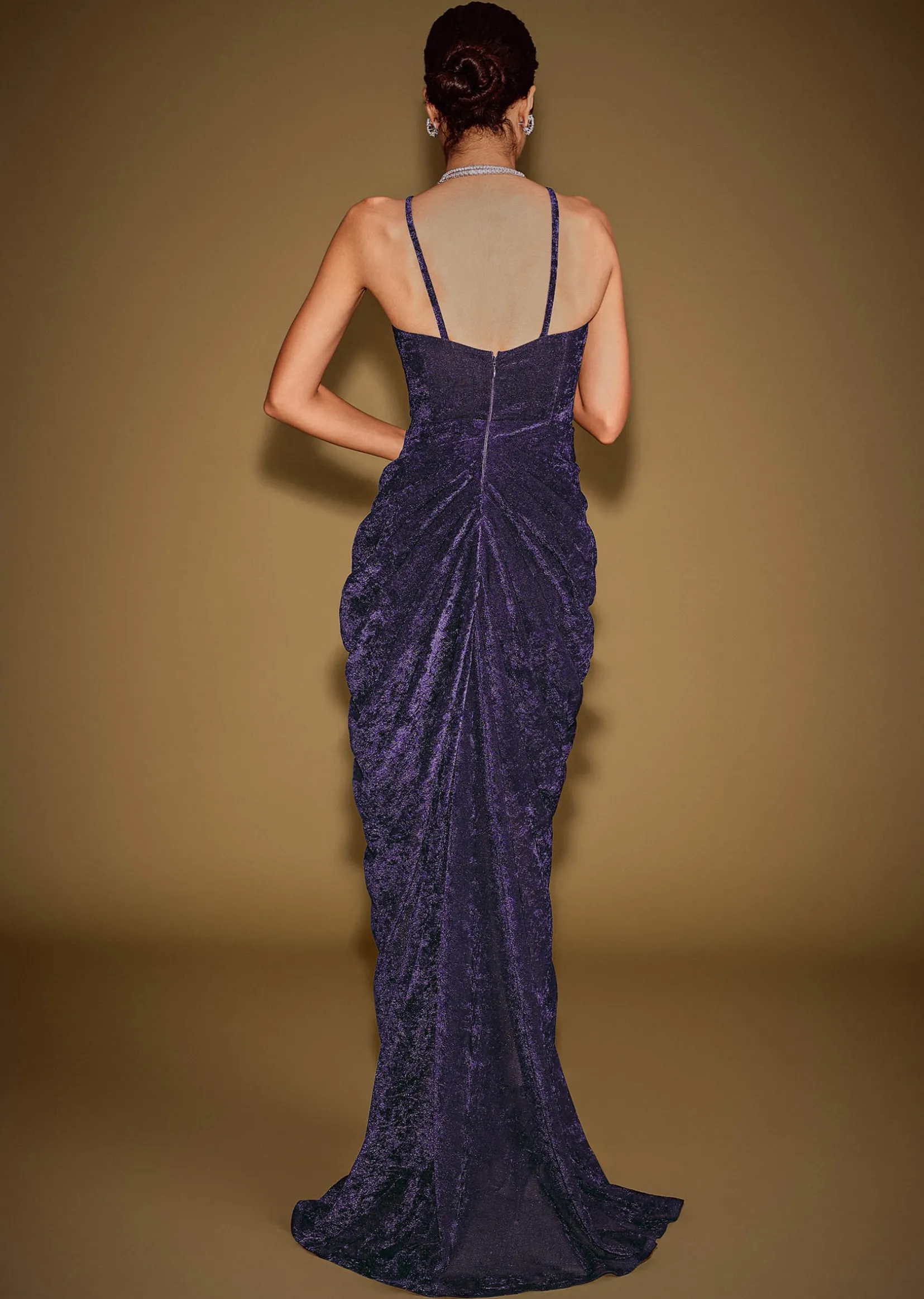 Navy Blue Sleeveless Velvet Corset Drape Gown With 3D Embellishments