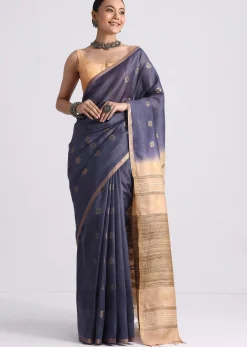 Navy Blue Spun Silk Saree With Butti Work