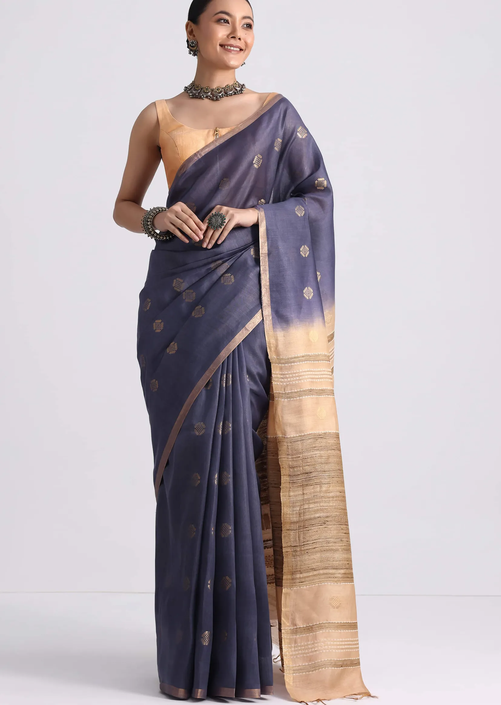 Navy Blue Spun Silk Saree With Butti Work