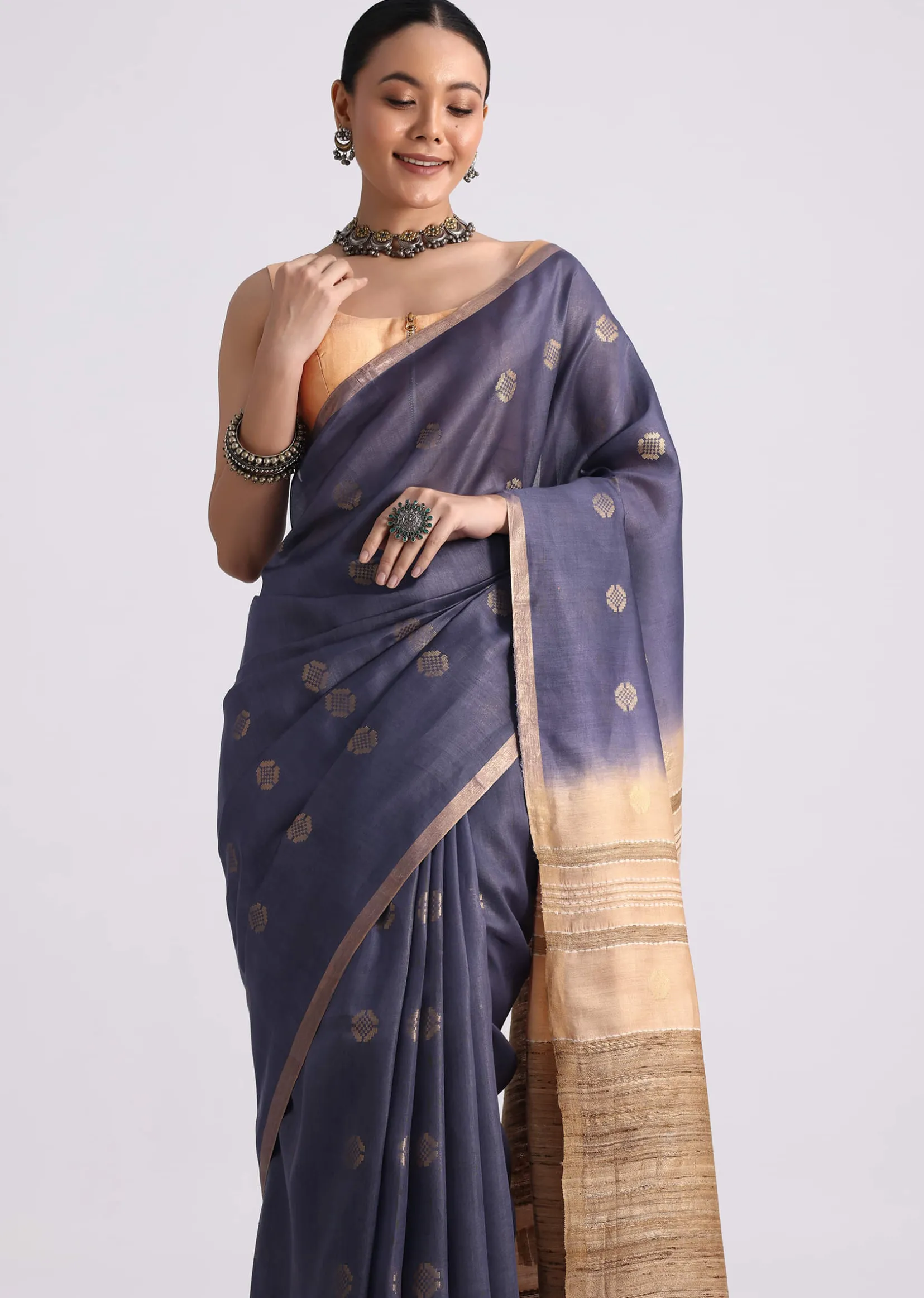 Navy Blue Spun Silk Saree With Butti Work