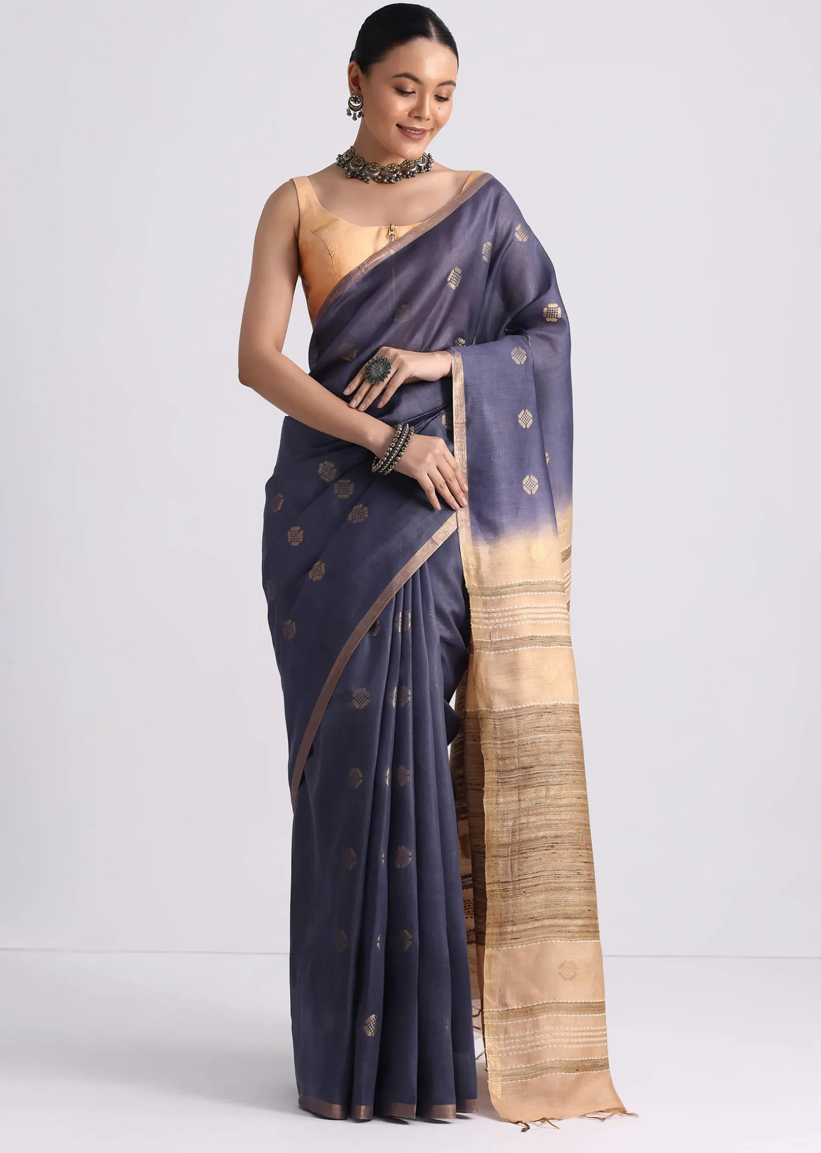 Navy Blue Spun Silk Saree With Butti Work