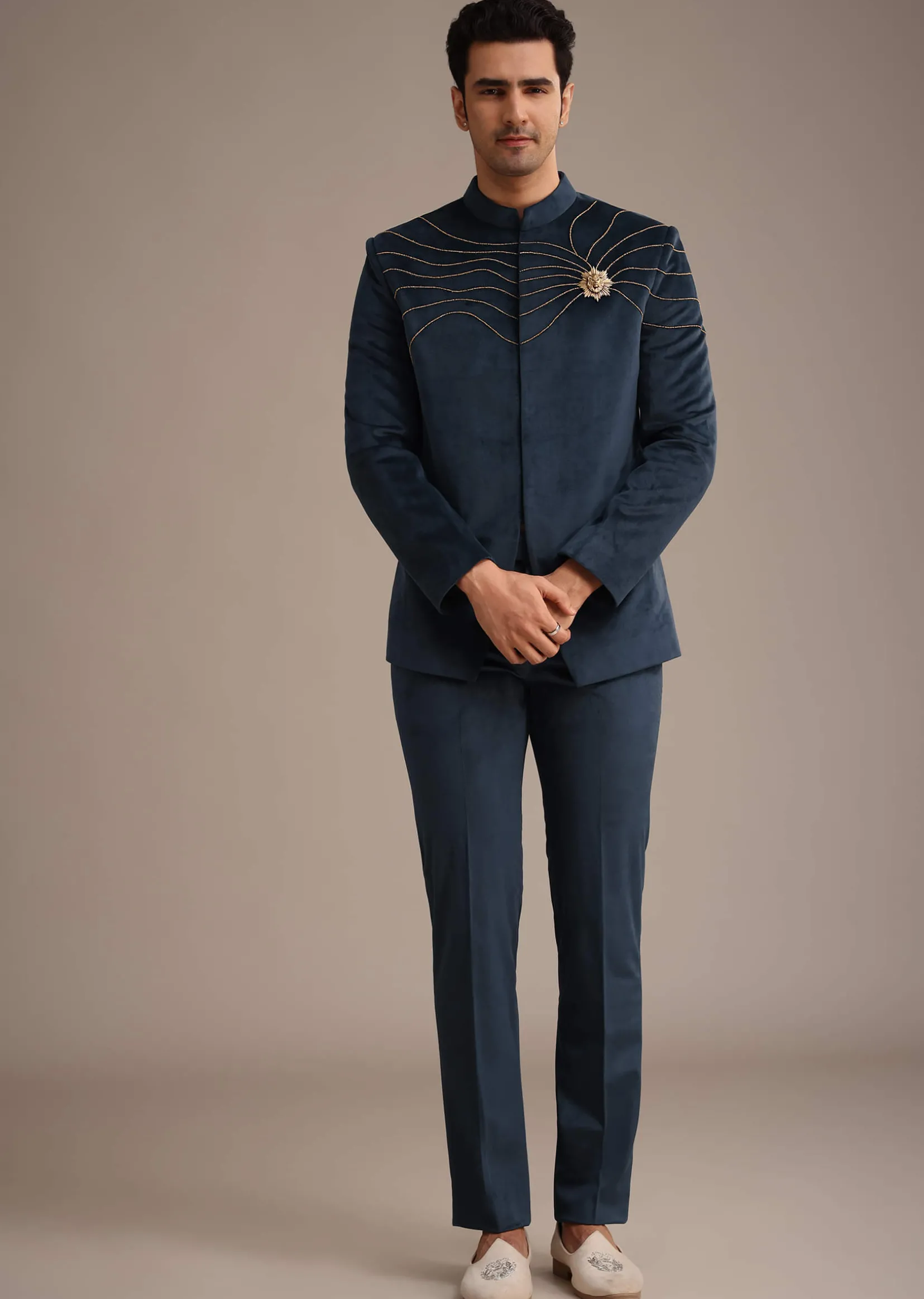 Navy Blue Suede Embroidered Jodhpuri Set With Poth Work