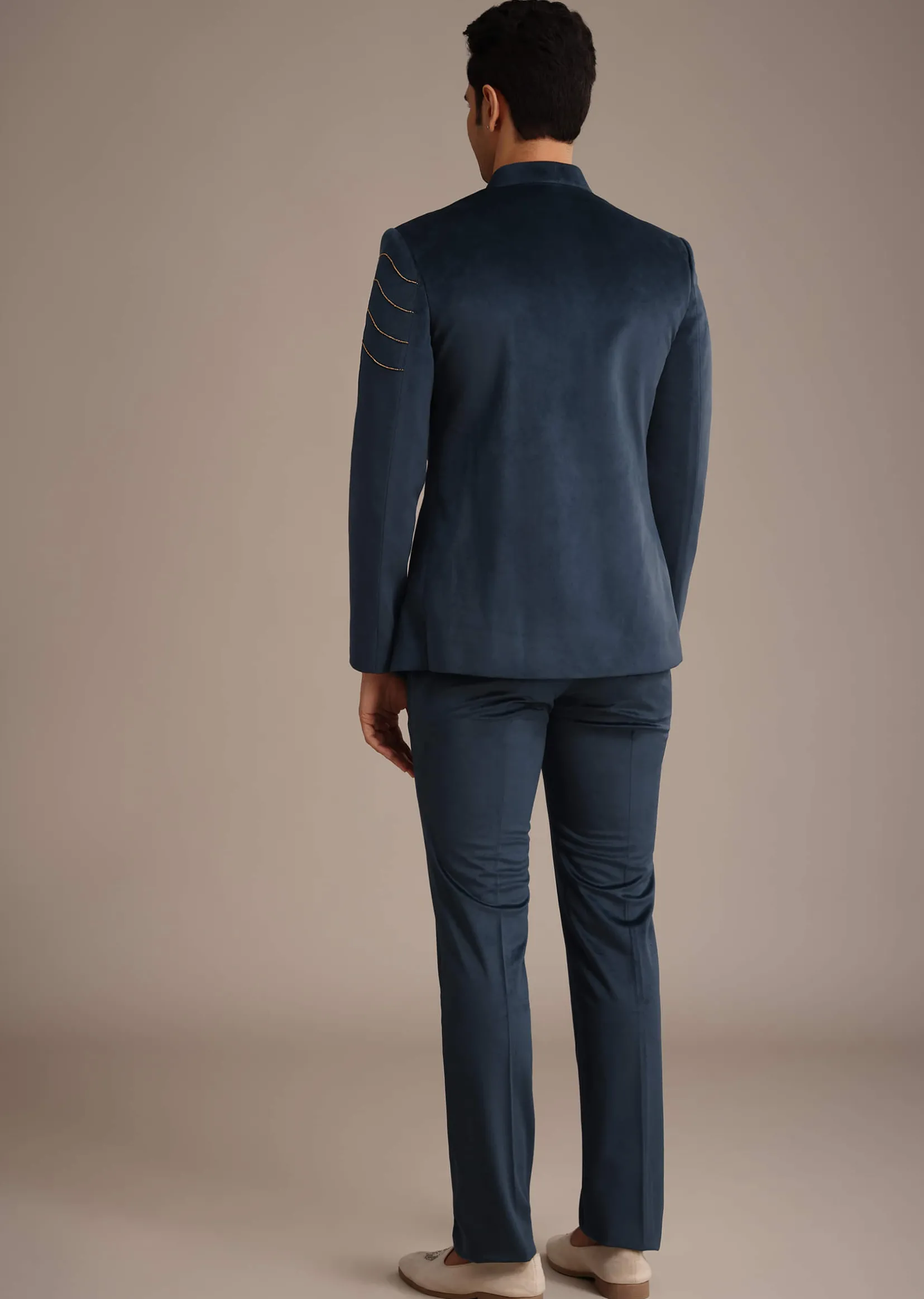 Navy Blue Suede Embroidered Jodhpuri Set With Poth Work