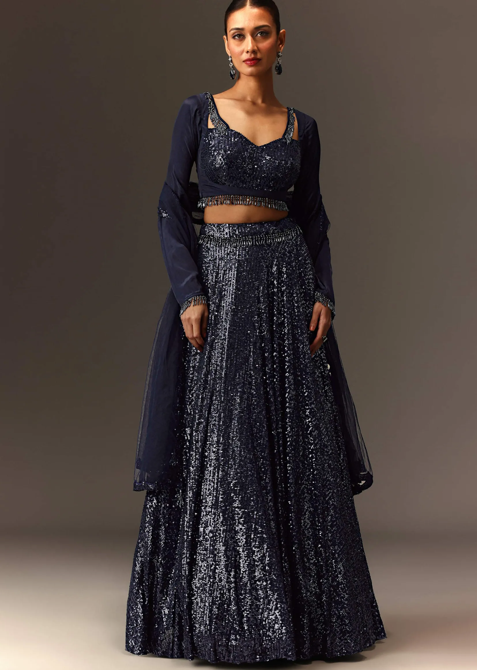 Navy Blue Tie Up Blouse And Embroidered Lehenga With Detailed Border Dupatta