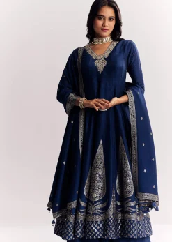 Navy Blue Weave Silk Anarkali Suit With Dupatta