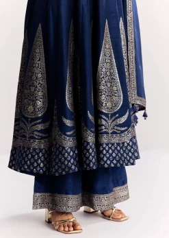 Navy Blue Weave Silk Anarkali Suit With Dupatta