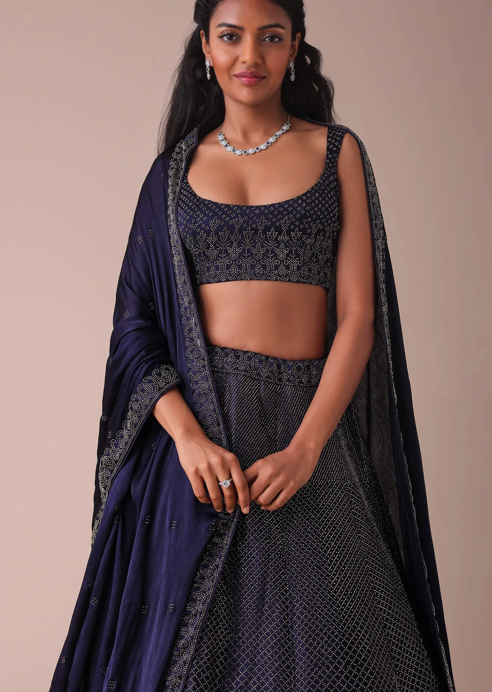 Navy Blue Wrinkle Satin Lehenga With Swarovski Crystals