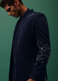 Navy Suede Jodhpuri And Kurta Set With Antique Geometric Embroidery