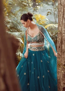 Nighttime Blue Lehenga In Net With Cut Dana And Sequins Embroidered Choli Designed With A Front Cut Out Online - Kalki Fashion