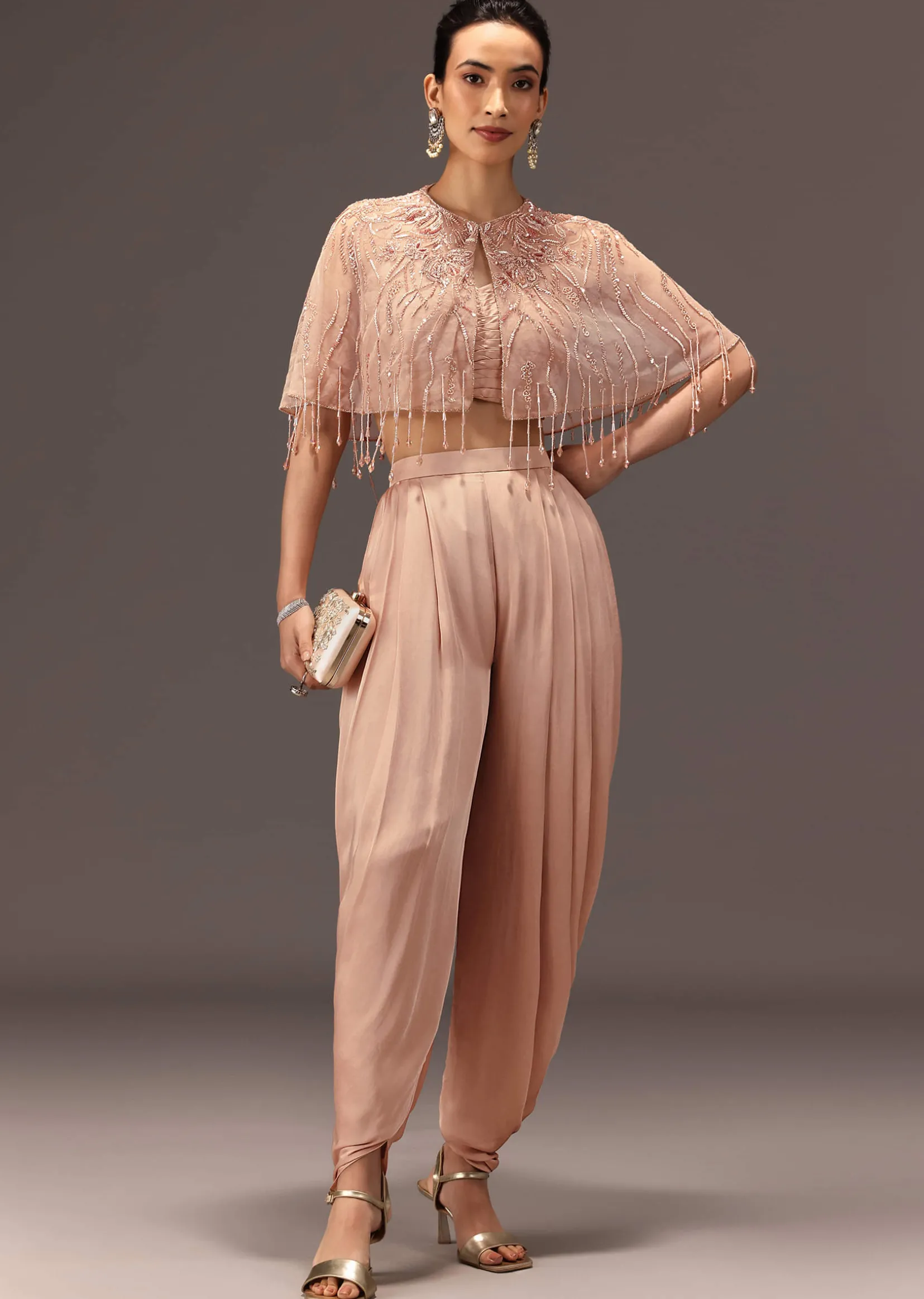 Nude Pleated Blouse With Tassel Cape And Dhoti Pants