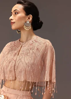 Nude Pleated Blouse With Tassel Cape And Dhoti Pants