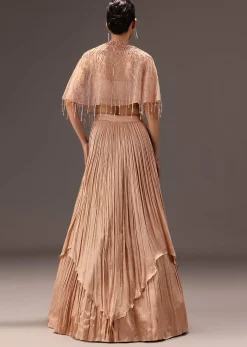 Nude Ruched Blouse With Cape And Layered Skirt