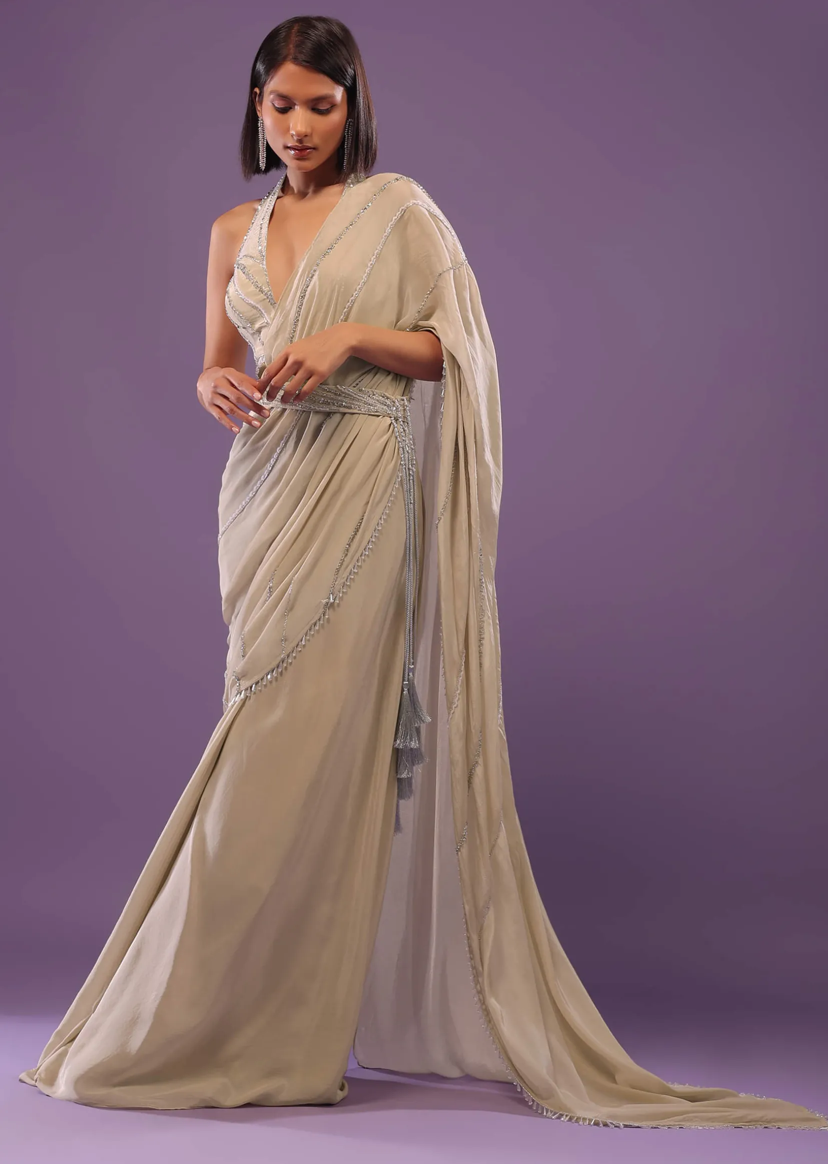 Nude White Embroidered Ready-Pleated Saree In Crepe