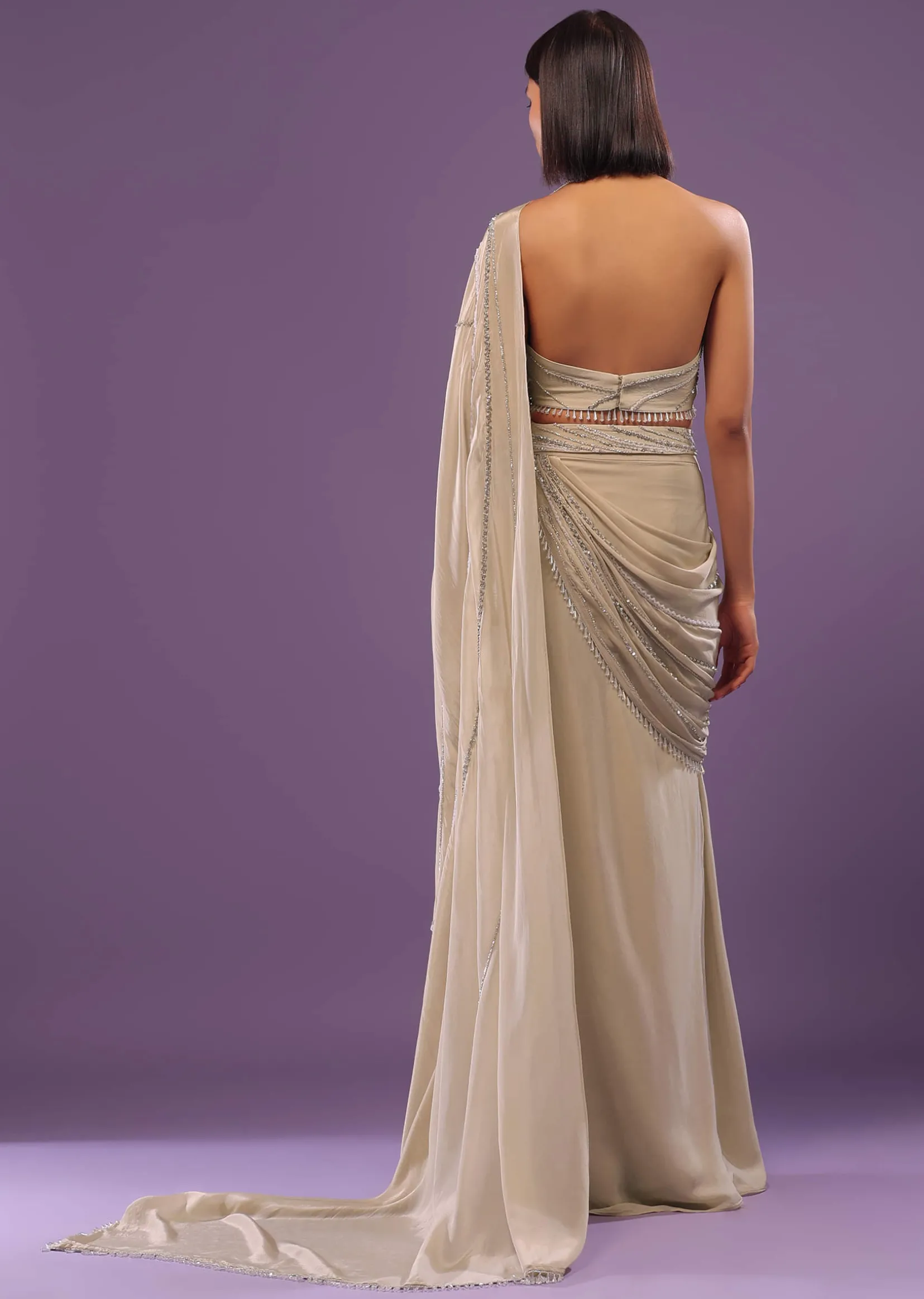 Nude White Embroidered Ready-Pleated Saree In Crepe