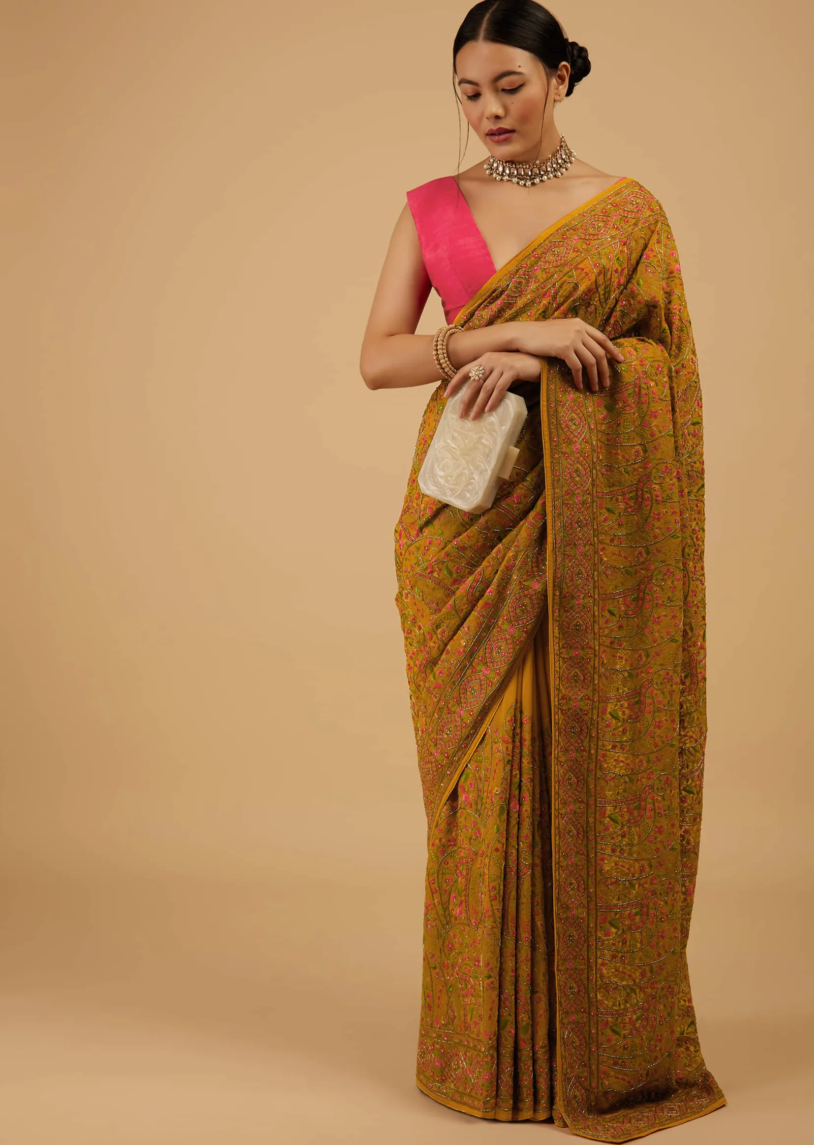 Ocher Yellow Festive Saree Kashmiri Embroidered In Georgette