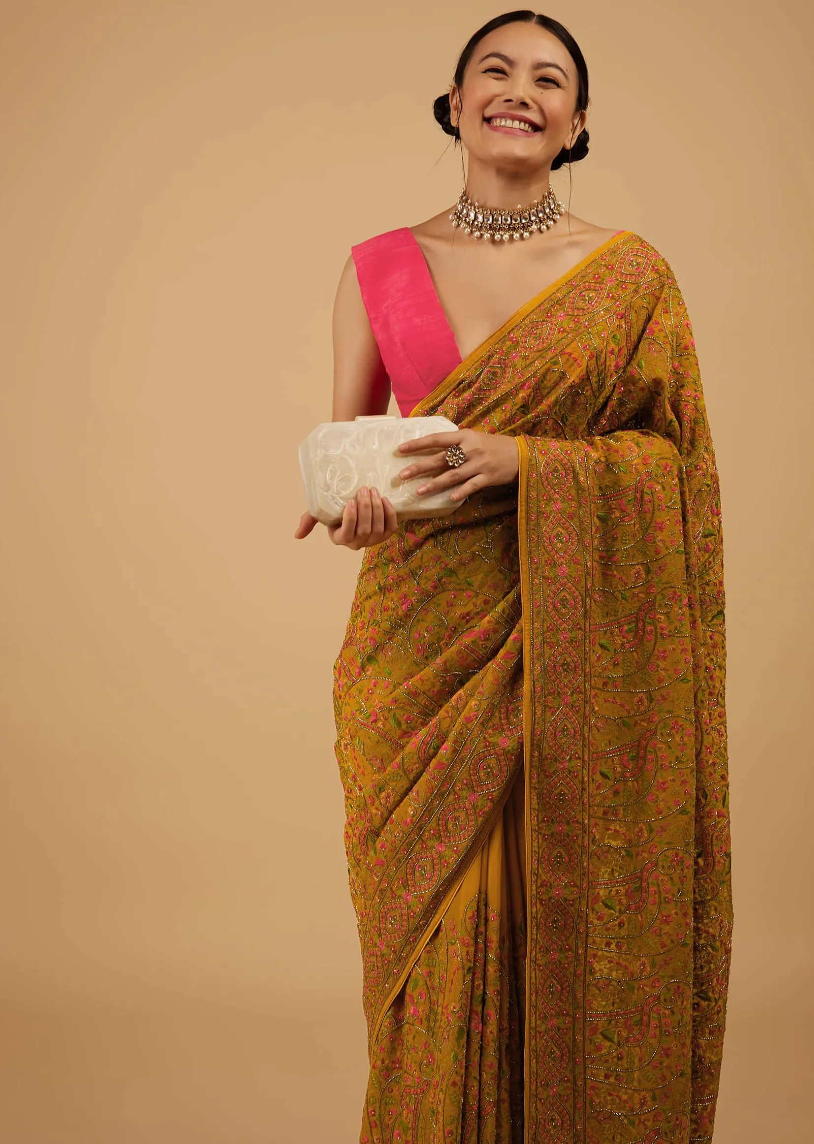 Ocher Yellow Festive Saree Kashmiri Embroidered In Georgette