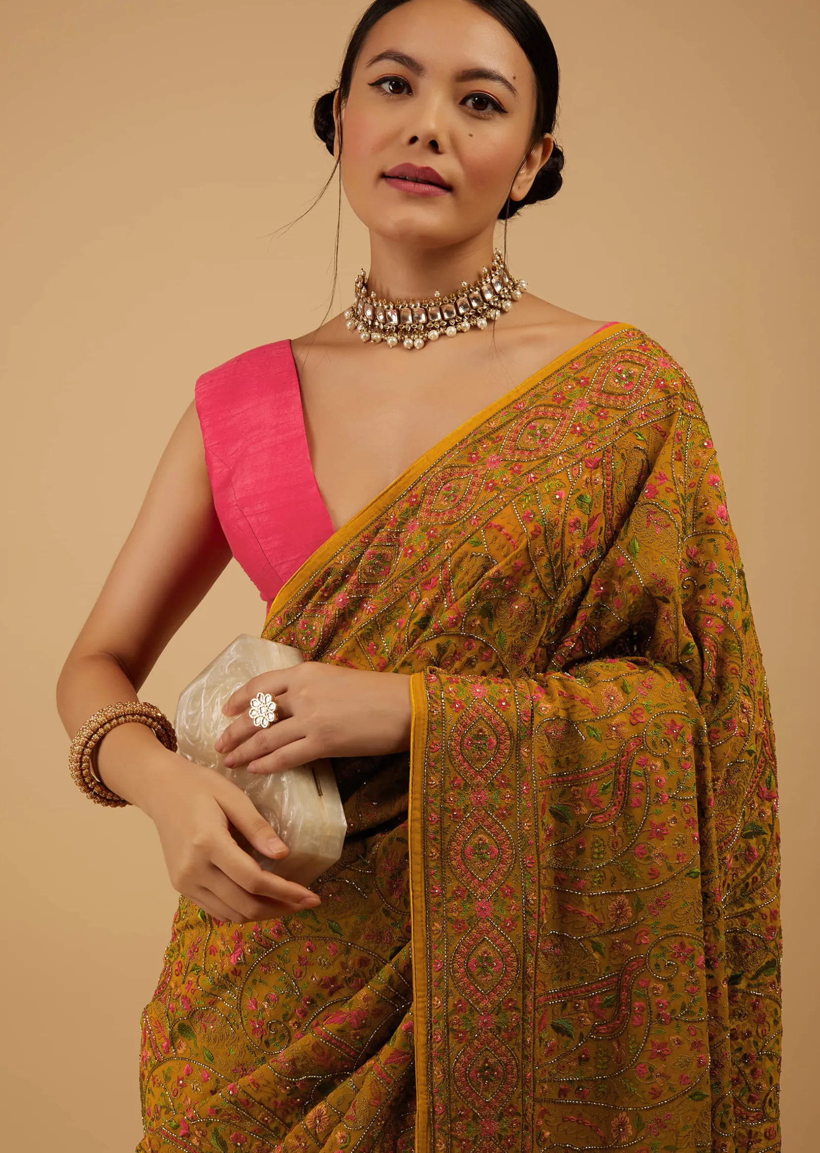 Ocher Yellow Festive Saree Kashmiri Embroidered In Georgette
