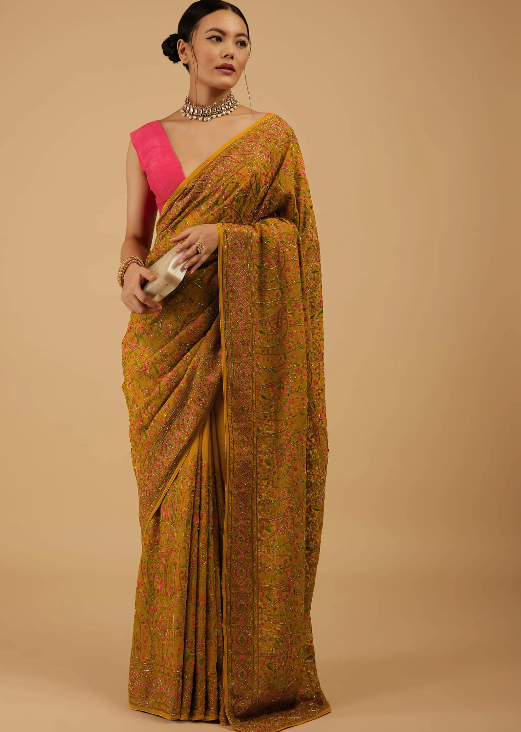Ocher Yellow Festive Saree Kashmiri Embroidered In Georgette