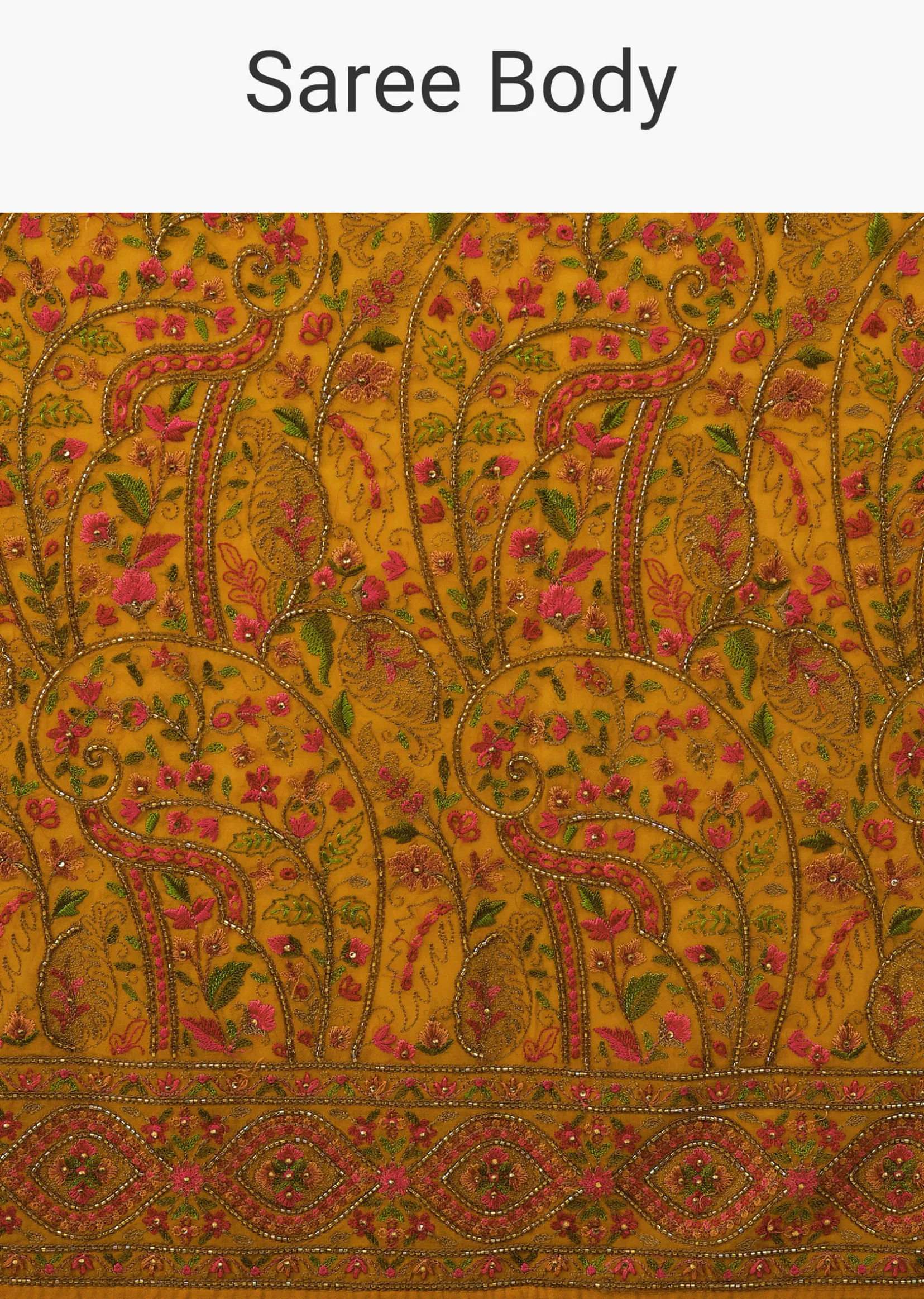 Ocher Yellow Festive Saree Kashmiri Embroidered In Georgette