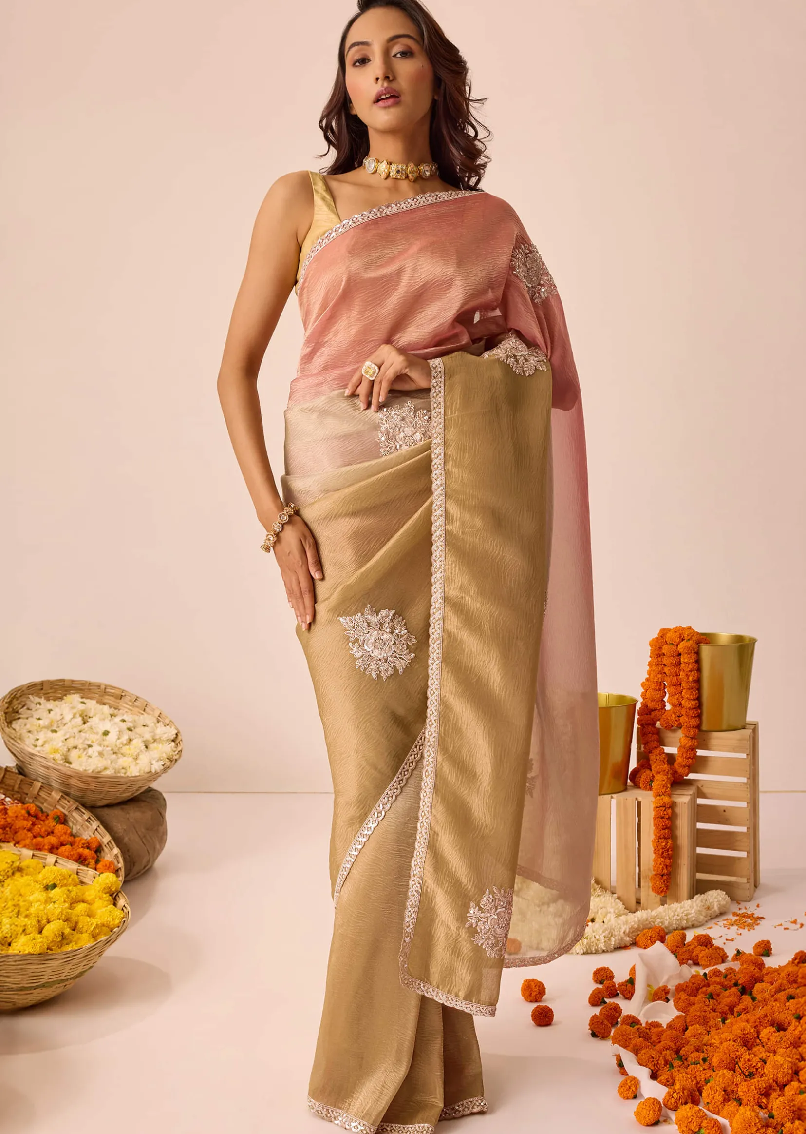 Ochre Yellow Triple Tone Tissue Saree