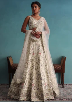 Off White 12 Kali Bridal Embroidered Lehenga In Raw Silk With Floral Handwork