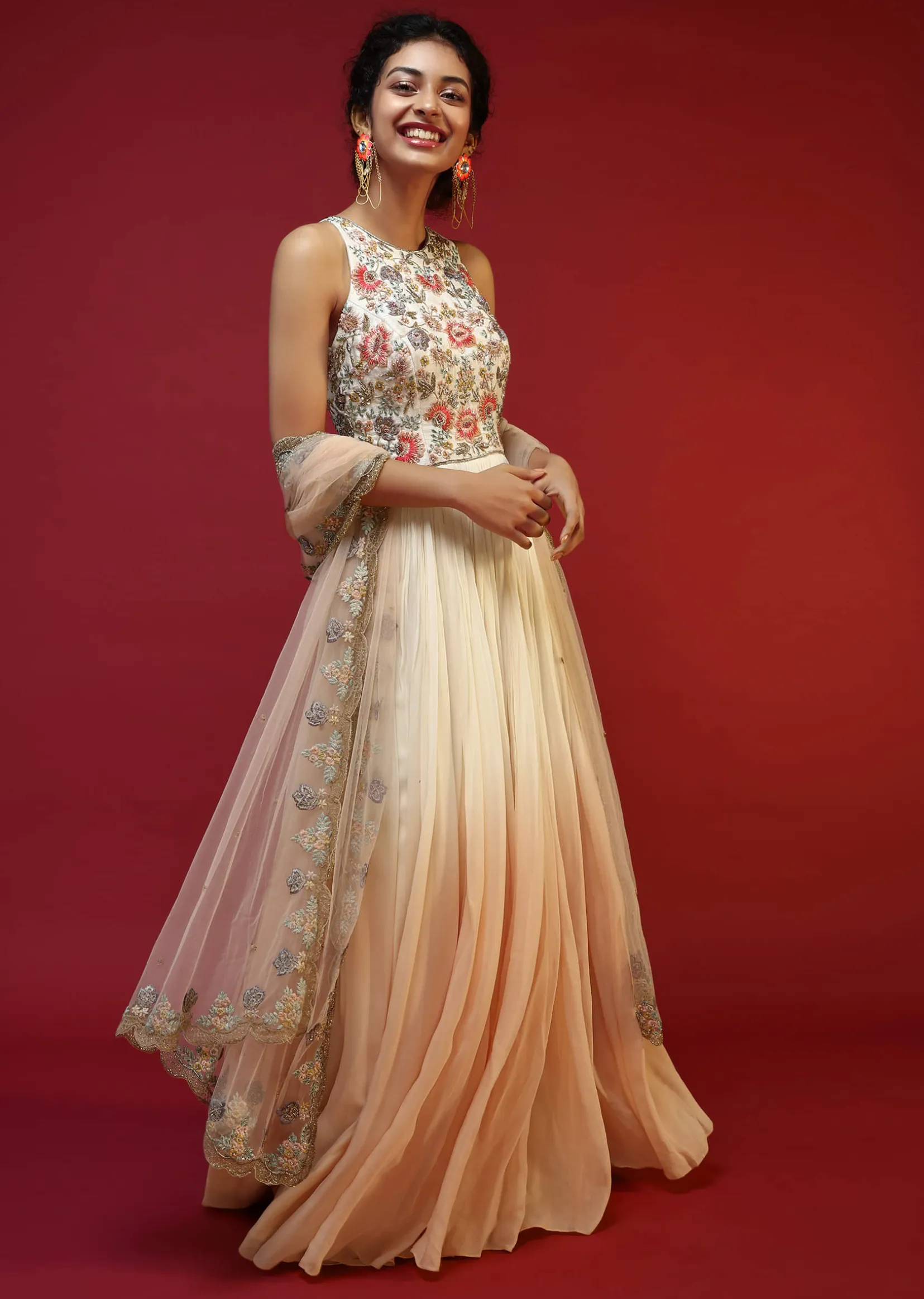 Off White Anarkali Suit With Halter Neckline And Adorned In Multicolored Hand Embroidered Floral Design On The Bodice