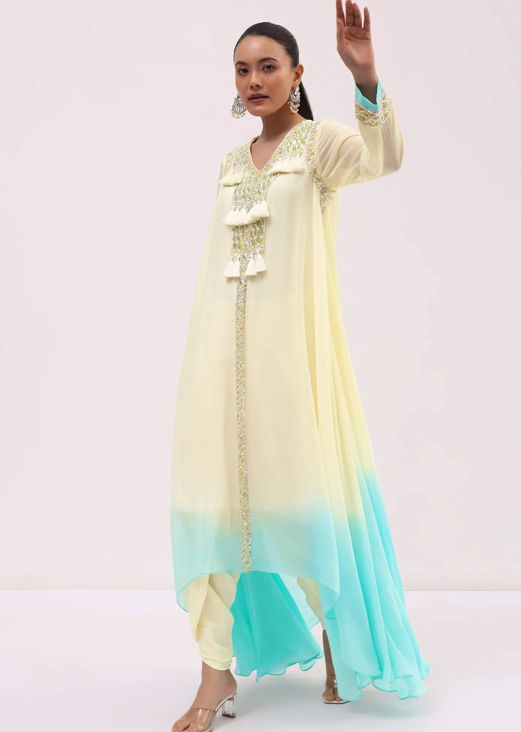 Off White And Blue Georgette Kurta Dhoti