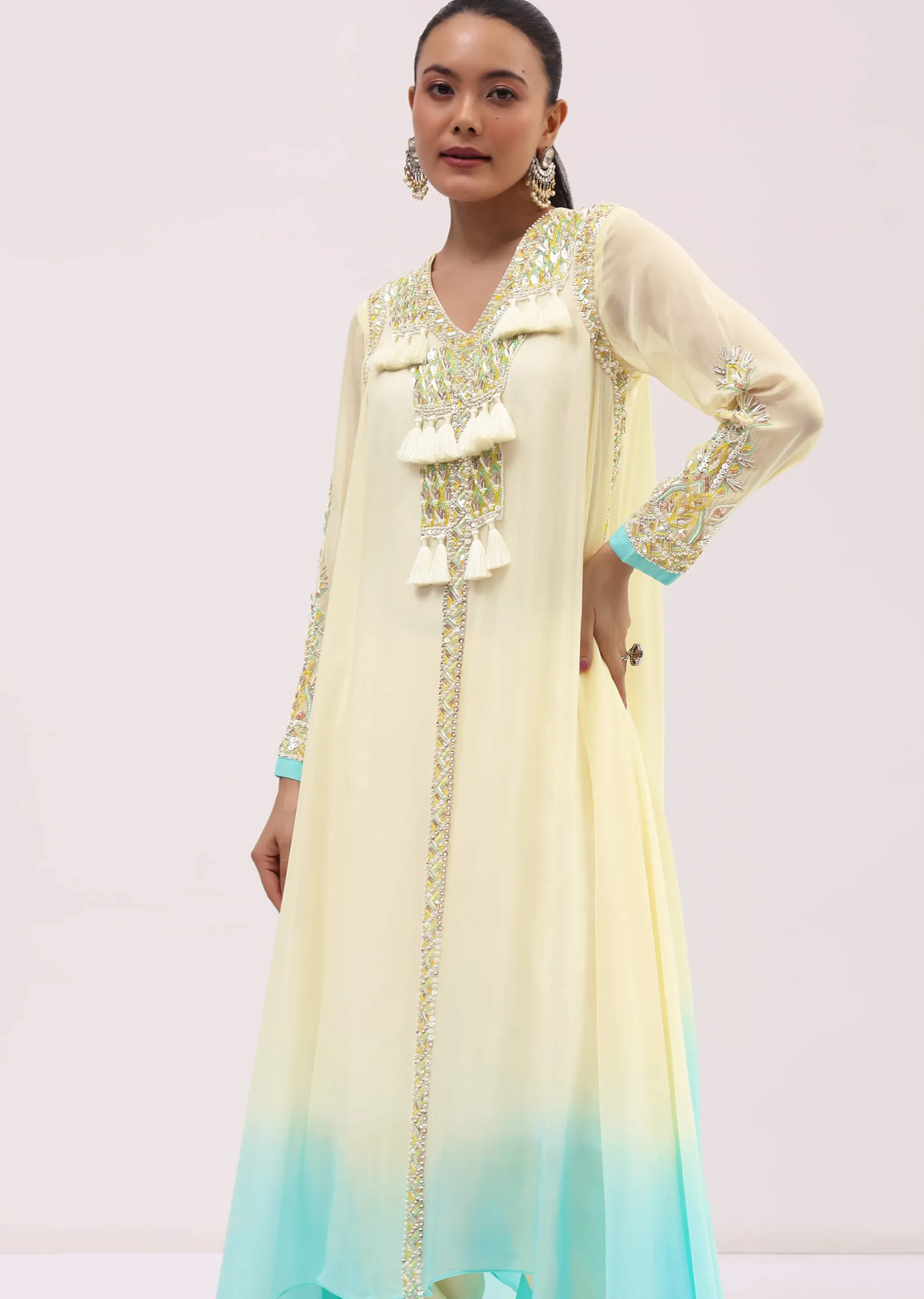 Off White And Blue Georgette Kurta Dhoti